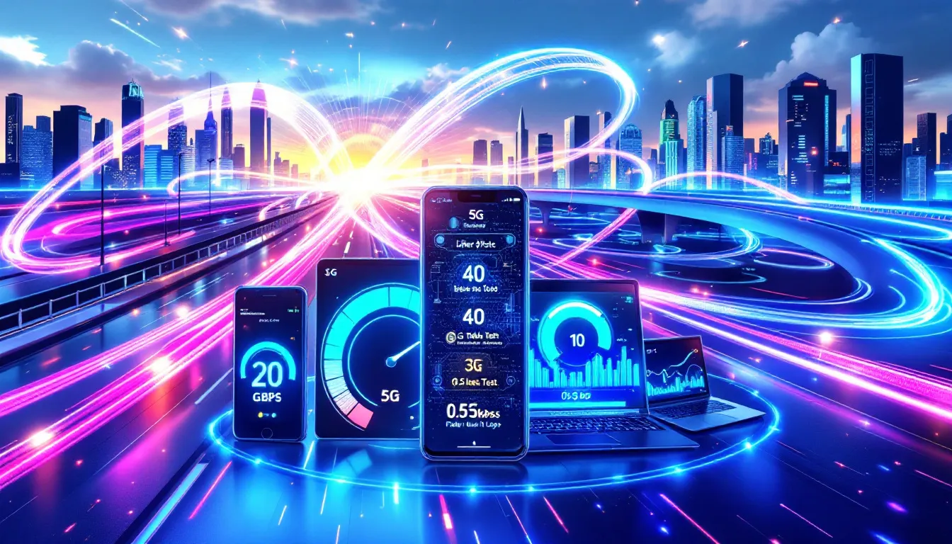 An illustration depicting various internet speed tests and connection types.